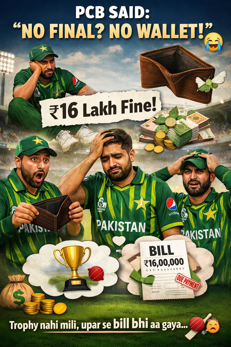 x_dargon's tweet photo. PCB really said: *“No final? No wallet.”* 😭💸

Pakistan players reportedly fined ~₹16 lakh each after the T20 World Cup exit…

Fans: trophy nahi mila, upar se bill bhi aa gaya 🫠🏏

🤣🤣
#PakistanCricket #T20WorldCup #CricketTwitter #MenInGreen #CricketMemes https://t.co/vLkIL0Gub9