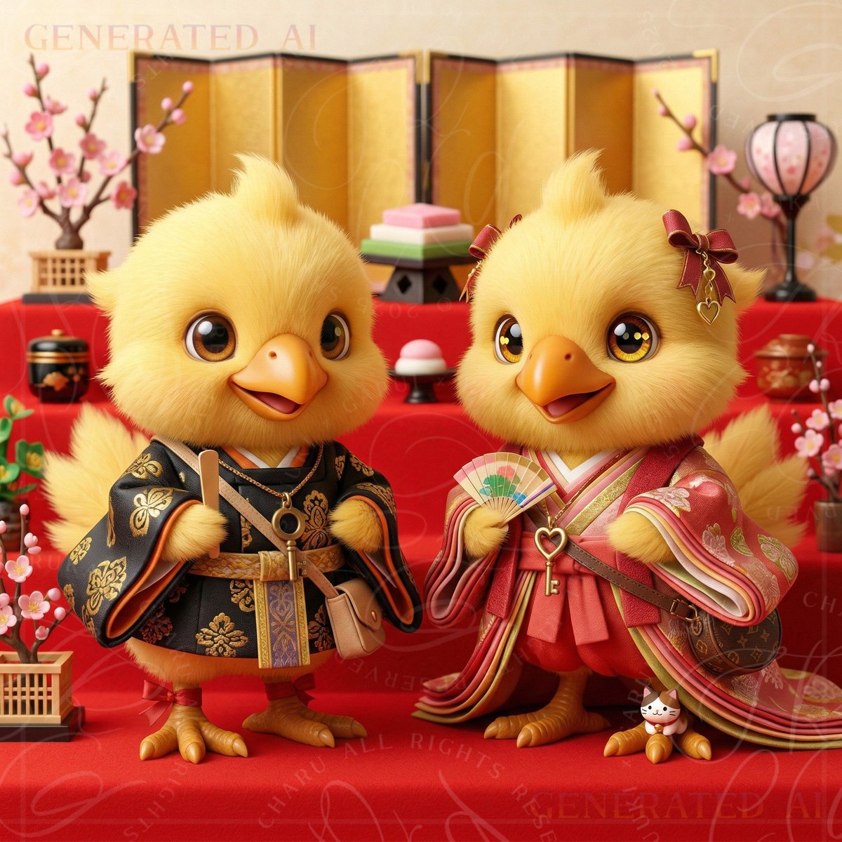 こんちゃる～🐥✨ 今日はひよこ雛まつり〜！ ちゃるは金屏風の前で