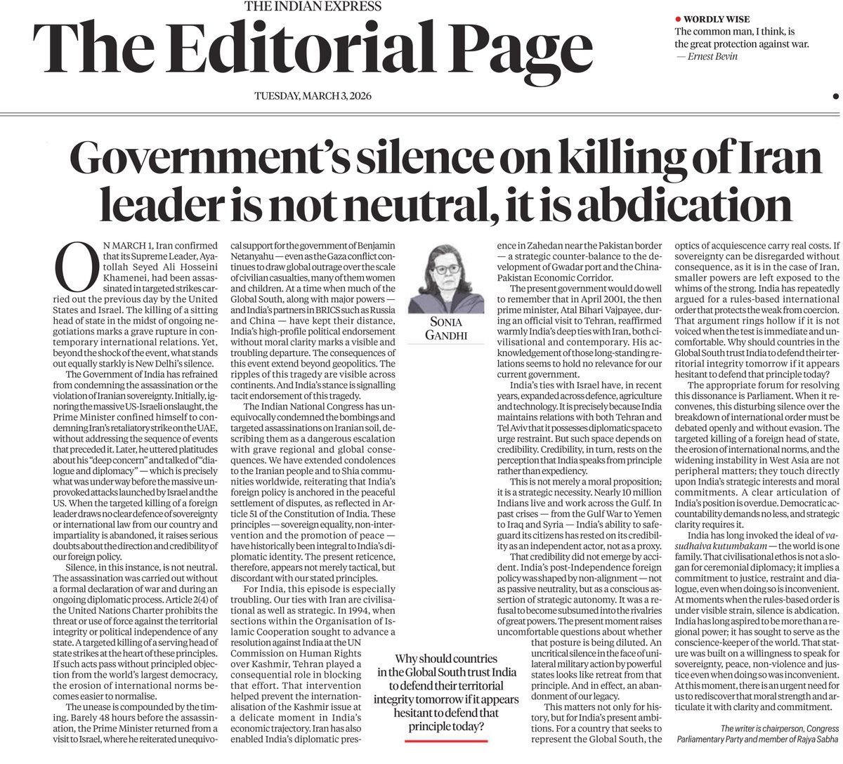 cadrecongress's tweet photo. "The killing of a sitting head of state in the midst of ongoing negotiations marks a grave rupture in contemporary international relations. Yet, beyond the shock of the event, what stands out equally starkly is New Delhi's silence."  

Here is a hard-hitting column by CPP Chairperson Smt. Sonia Gandhi ji, published in The Indian Express, titled ‘Government's silence on killing of Iran leader is not neutral, it is abdication'.   

A must-read. 👇