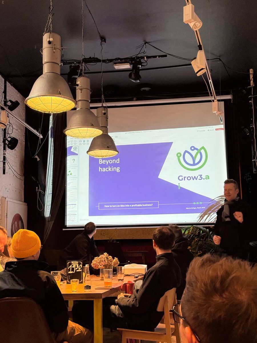 grow3ai's tweet photo. We were invited to spill some beans of at rhe 2nd @Crypt0Mondays event in Sopot. Heating in the city was out but drinks powered by @gizatechxyz solved that and many other problems. Here’s to the next edition! https://t.co/QDbd6JxNMR
