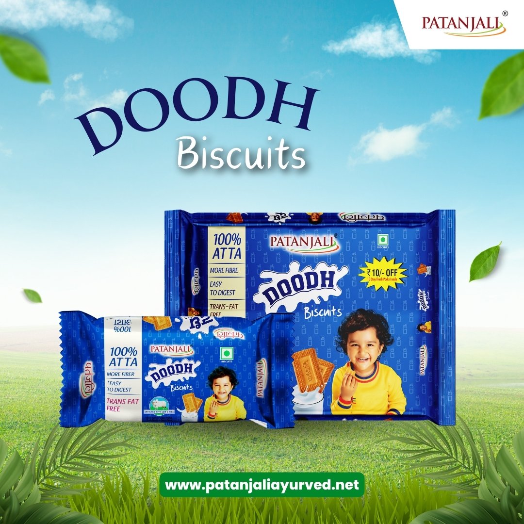Patanjali's doodh biscuits are Atta biscuits made using only whole wheat flour, with the added benefit of fiber content. The ingredients of Patanjali doodh biscuits consist of whole wheat flour (Atta), sugar, and milk solids. 
#PatanjaliProducts #Patanjali #doodhbiscuits