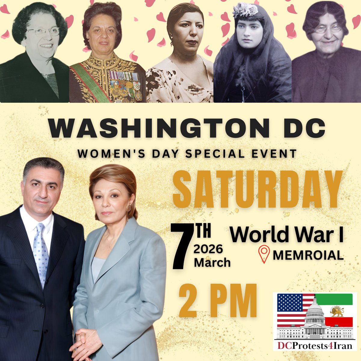 DCprotests4Iran's tweet photo. English follows:
🚨 گروه تظاهرات واشنگتن برای ایران از هموطنان گرامی ساکن منطقه واشنگتن متروپولیتن دعوت می‌نماید در روز شنبه ۷ مارچ راس ساعت ۲ بعدازظهر در ویژه برنامه روز جهانی زن در بنای یادبود جنگ جهانی اول گردهم آیند و از آنجا به سمت کاخ‌سفید راهپیمایی خواهیم کرد تا صدای مردم داخل کشور را به گوش سیاستمداران آمریکا برسانیم.

🗓 شنبه، هفتم مارچ ۲۰۲۶
🕑 ۲ تا ۴ بعدازظهر
📍 شروع گردهمایی‌ در پارک بنای یادبود جنگ جهانی اول، سپس راهپیمایی به سمت کاخ سفید

#پاينده_ایران 
#جاوید_شاه

@DCProtests4Iran

🚨 We invite fellow compatriots living in the Washington metropolitan area to gather on Saturday, March 7th at the World War I Memorial for the Women's Day special event. From there, we will march toward the White House to make the voices of the people inside Iran heard by U.S. policymakers.

🗓 Saturday, March 7th, 2026
🕑 2:00 to 4:00 PM
📍 Start at the World War I Memorial Park, followed by a march toward the White House

@DCprotests4Iran