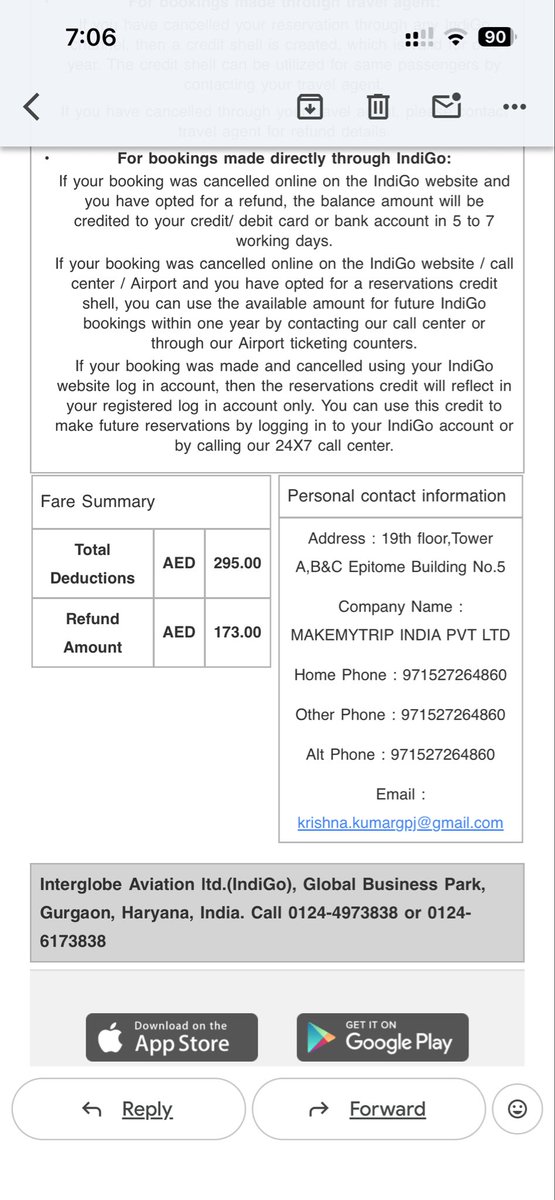 KrishSuryakant's tweet photo. @MoCA_GoI Hi sir
If there was full refund then what about the below email. And I have paid AED 559 and @IndiGo6E and @makemytrip is only considering AED 468 (Deduction 295 and they will refund AED 173)
if so, either I want full refund AED 559.
I have sent msg to them as DM with all info. https://t.co/EhRc13soEl