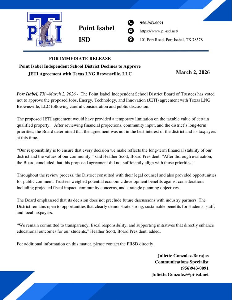 Point Isabel ISD tweet media