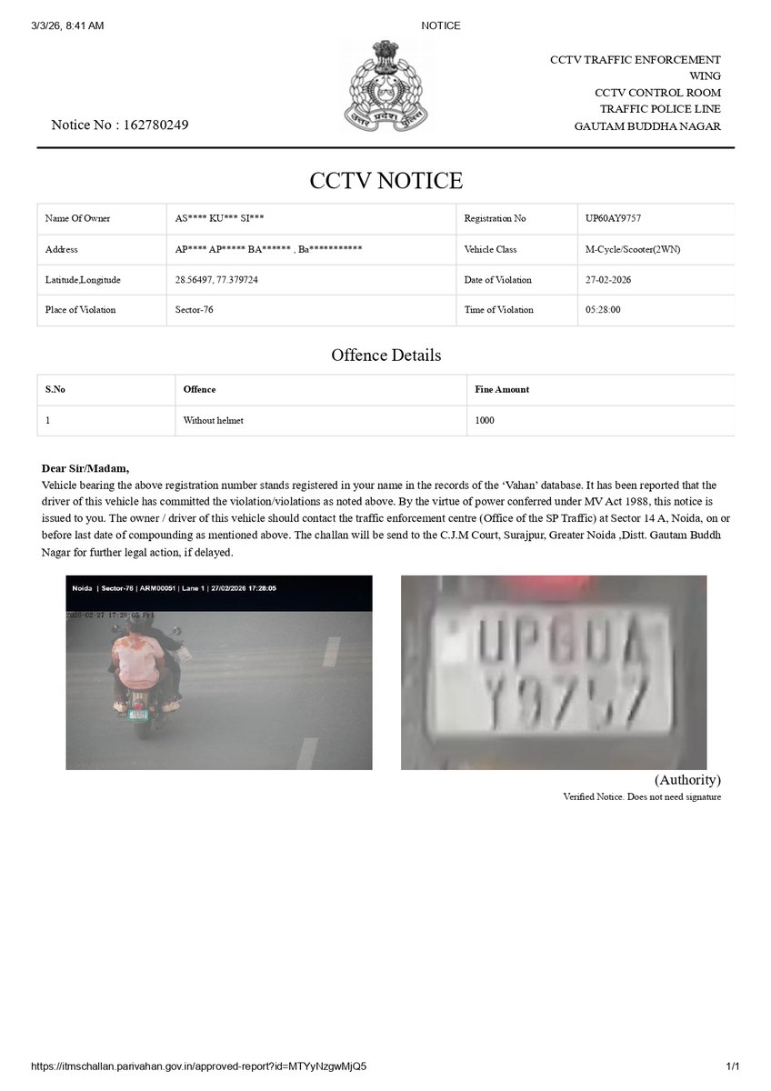 random_bacha's tweet photo. Hi @Noidatraffic,
I’ve received a challan of ₹1000 for “not wearing a helmet.” However, both my brother and I were wearing helmets at the time of riding. Kindly recheck the CCTV/violation footage for accuracy and reconsider this challan, as it appears to be issued incorrectly. https://t.co/19CkeSSk6X