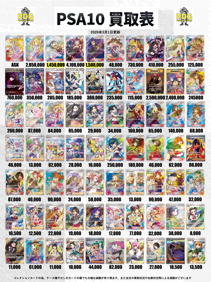 本日のポケカPSA10買取表です!!本日から1カ月🦍が戻ってきました