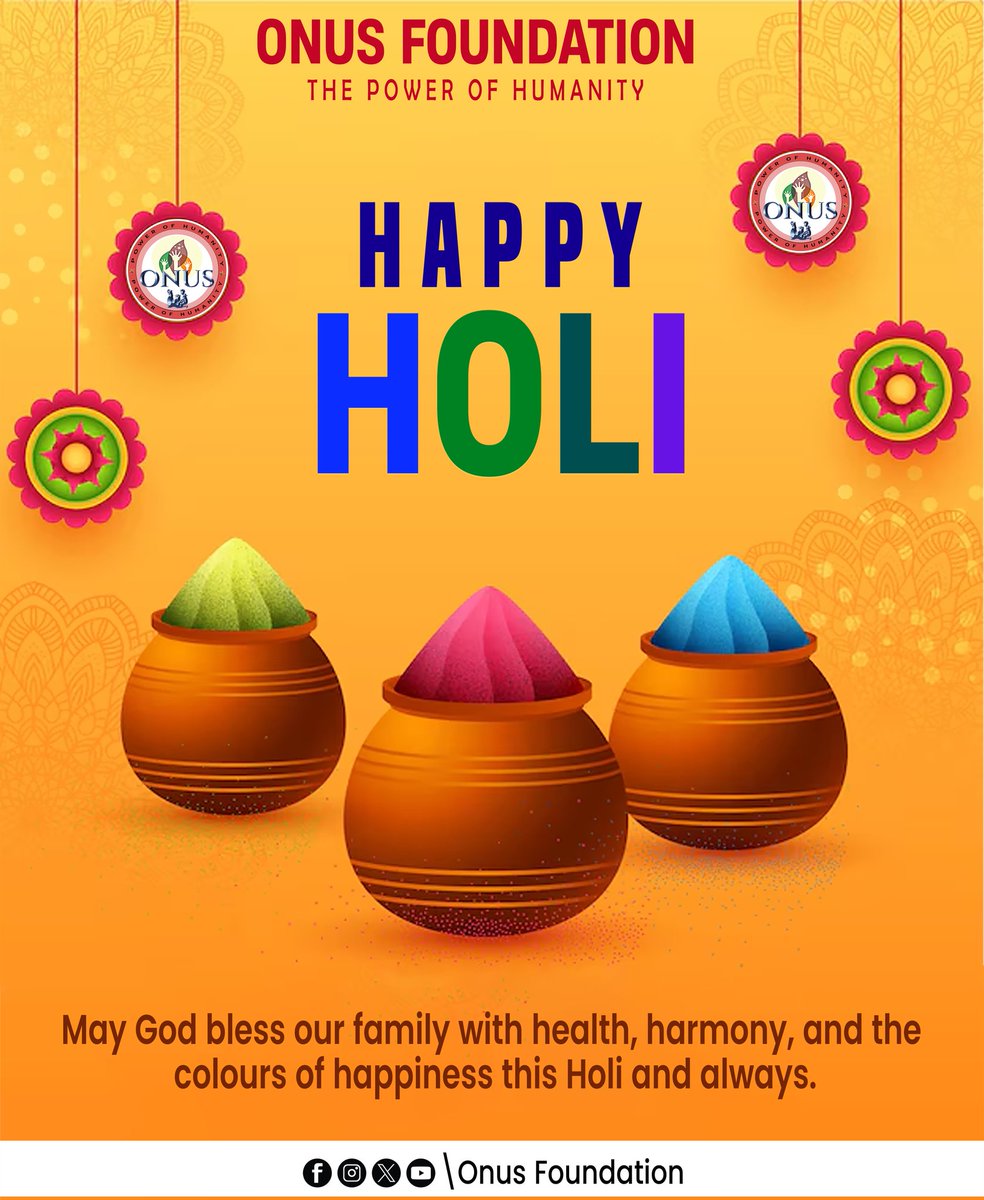OnusFoundation's tweet photo. Happy Holi from @OnusFoundation 🎨

May this beautiful festival of colors bring happiness, positivity, and unity to everyone.
Let us spread love, kindness, and humanity together 🧡🤗

#HappyHoli #OnusFoundation #FestivalOfColors #SpreadHumanity https://t.co/3V8fU3i4Ul