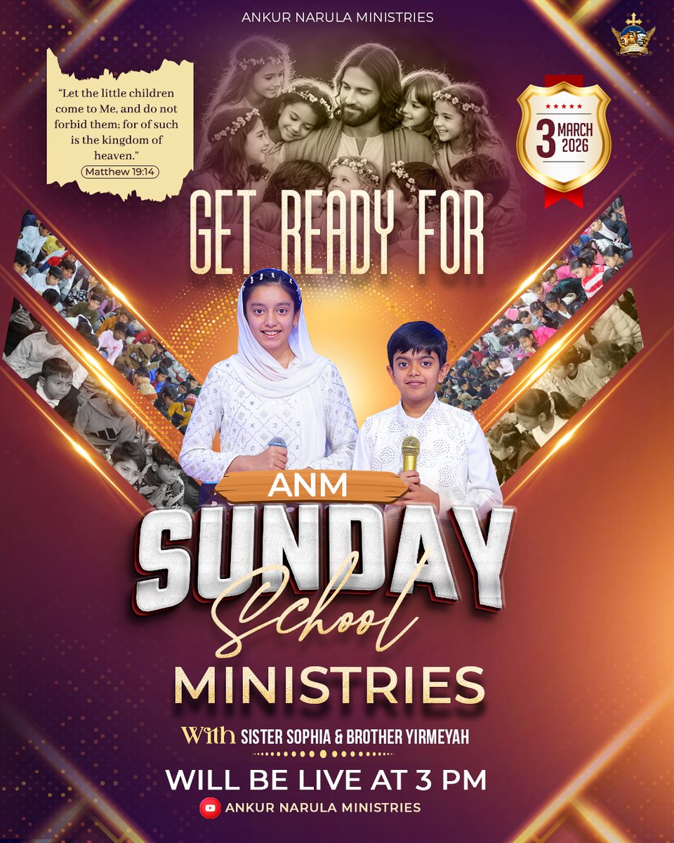apostleankur's tweet image. Get ready! The live stream teaching of Sister Sophia and Brother Yirmeyah’s ANM Sunday School Ministries will start today at 3:00 PM on the official YouTube channel of Ankur Narula Ministries.
God Bless You All..
By:-
Church Media Team 
#sundayschool
#theyosephfamily