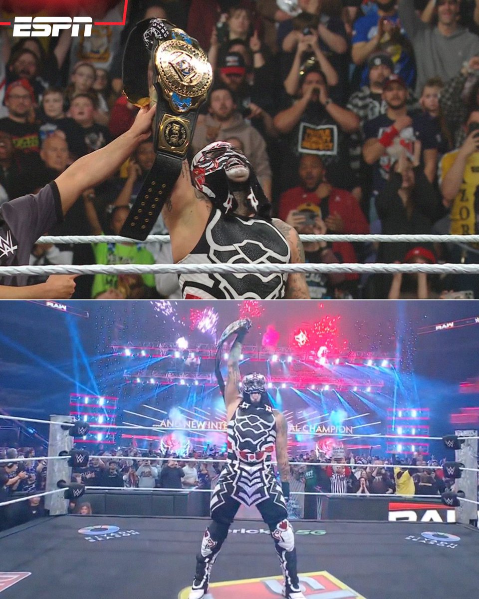 ESPNmx's tweet photo. ¡PENTA ZERO MIEDO ES CAMPEÓN POR PRIMERA VEZ EN LA WWE! 🇲🇽 🔥

El luchador mexicano conquista el Título Intercontinental tras vencer a Dominik Mysterio 🔝

De Ecatepec para el mundo 👏 👏 👏 👏 👏 https://t.co/2yh6bgSziO