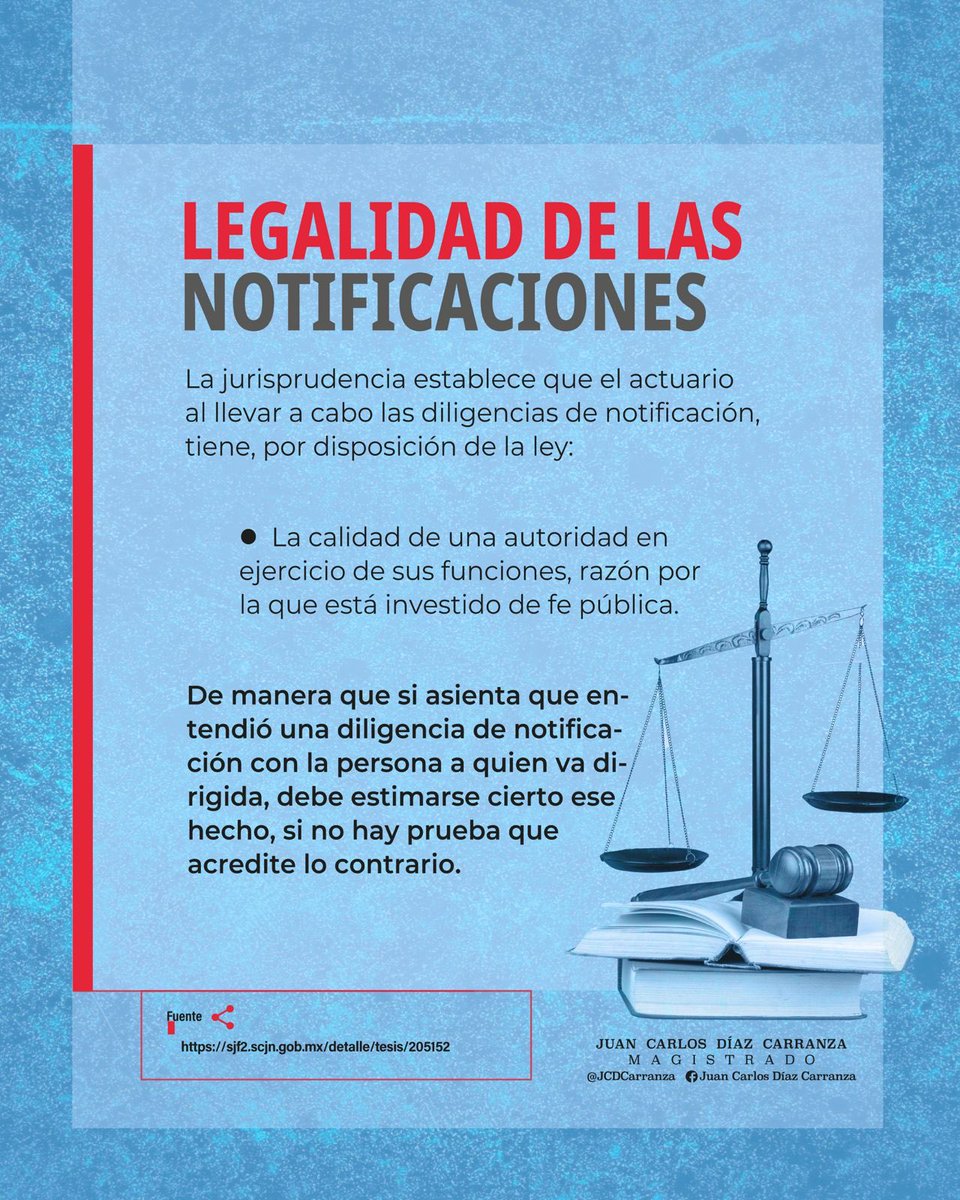 JCDCarranza's tweet photo. LEGALIDAD DE LAS NOTIFICACIONES 

👨‍🎓La doctrina refiere que el actuario tiene fe publica por actuar como autoridad en ejercicio de sus funciones. https://t.co/E3VqKyD1JO