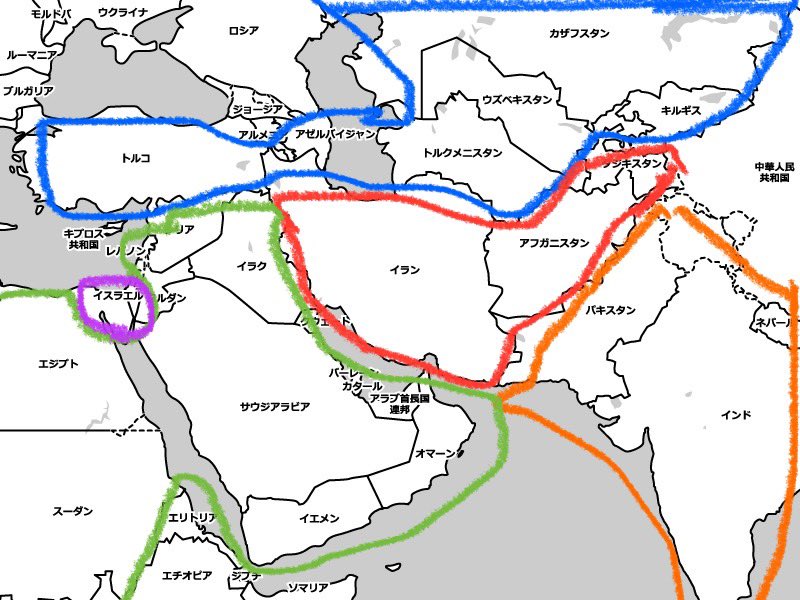 中東の国語ざっくり

青がトルコ語の親戚
赤がペルシャ語の親戚
橙がヒンディー語の親戚
緑が典型的なアラビア語圏
紫がヘブライ語

国名を囲んだだけなので国の隅々まで全域という意味ではないです