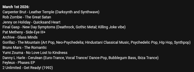Schnuron's tweet photo. Here are the albums I've been listening to. 

It's my album playlist.

I can't say I personally heard anything frenzy. Though, I still love listening to Darkwave like Mareux, This Eternal Decay, Saigon Blue Rain, Julien-K's new album, etc. https://t.co/bm4u3dXLyP