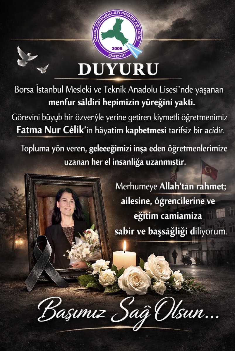 _ORDEF's tweet photo. İstanbul Mesleki ve Teknik Anadolu Lisesi’nde yaşanan menfur saldırı sonucu kıymetli öğretmenimiz Fatma Nur Çelik’in hayatını kaybettiğini derin bir üzüntüyle öğrenmiş bulunuyoruz.
Merhumeye Allah’tan rahmet; ailesine, öğrencilerine ve eğitim camiamıza sabır başsağlığı diliyoruz. https://t.co/P5XMkFbKpt