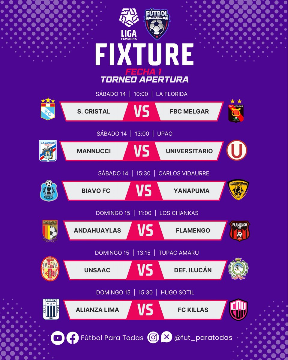 fut_paratodas's tweet photo. ¡𝙑𝙐𝙀𝙇𝙑𝙀 𝙇𝘼 𝙇𝙄𝙂𝘼 𝙁𝙀𝙈𝙀𝙉𝙄𝙉𝘼!🫡💜

Este sábado 14 de marzo arrancará la temporada de la Liga Femenina 2026. Esta es la programación de la primera fecha.👇🏻 https://t.co/C2ctSWOt9H
