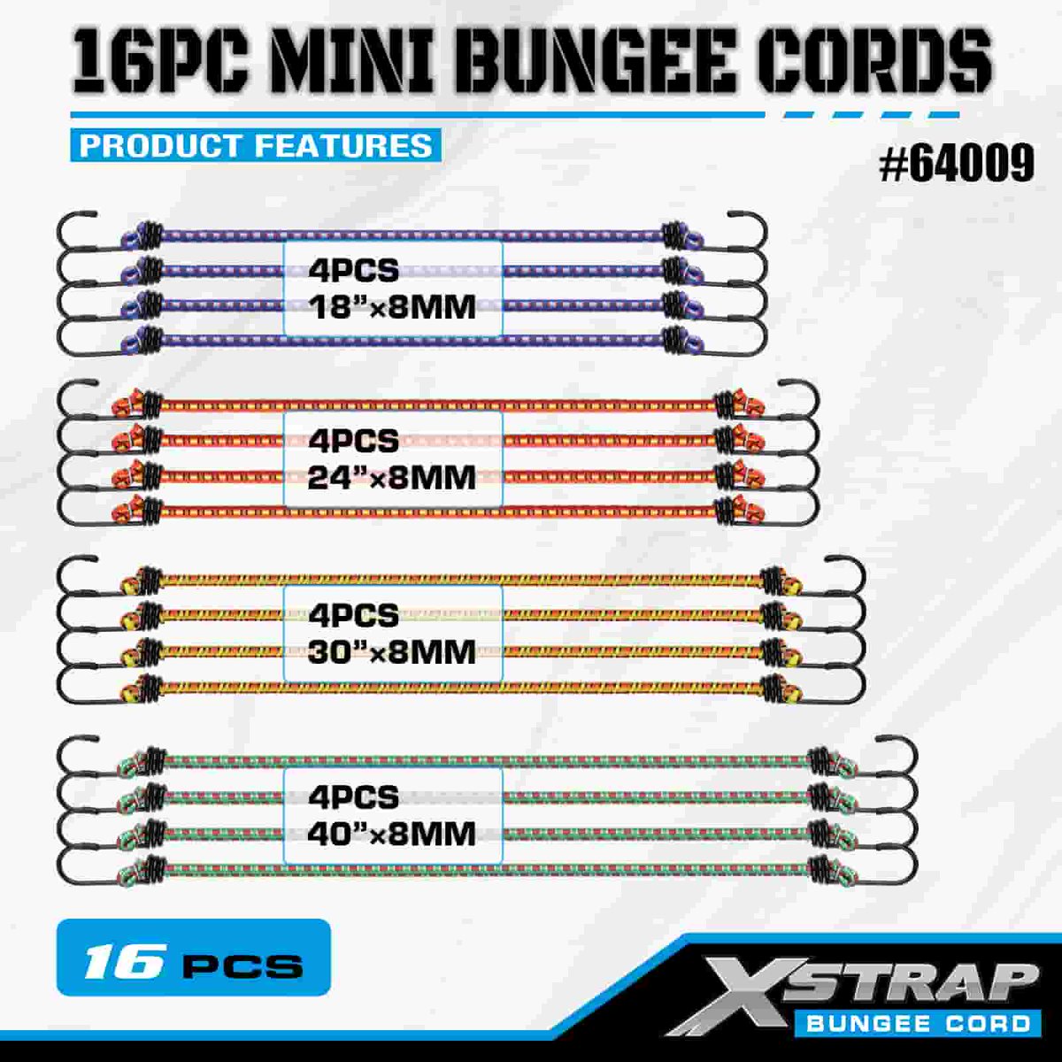 smk_co's tweet image. 🌈 16Pc XSTRAP bungee cord set with vinyl-coated steel hooks &amp;amp; 44–55lb break strength. Great for camping, tarps &amp;amp; light cargo securing. 🌐 xstrap.com📧 ceciliawu@prowintool.com
 #xstrap #bungeecords #cargocontrol #elasticcord