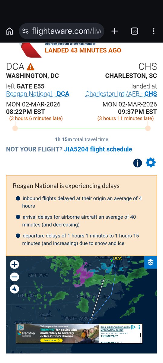 LizinDC's tweet photo. Hey @flightaware Something went awry with the flight tracking for AA5204.  It's currently awaiting takeoff from DCA but FlightAware thinks it landed in Charleston 43 minutes ago, after a very interesting route. https://t.co/H2lKocnErH