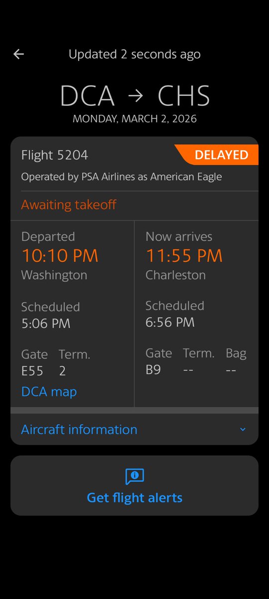 LizinDC's tweet photo. Hey @flightaware Something went awry with the flight tracking for AA5204.  It's currently awaiting takeoff from DCA but FlightAware thinks it landed in Charleston 43 minutes ago, after a very interesting route. https://t.co/H2lKocnErH