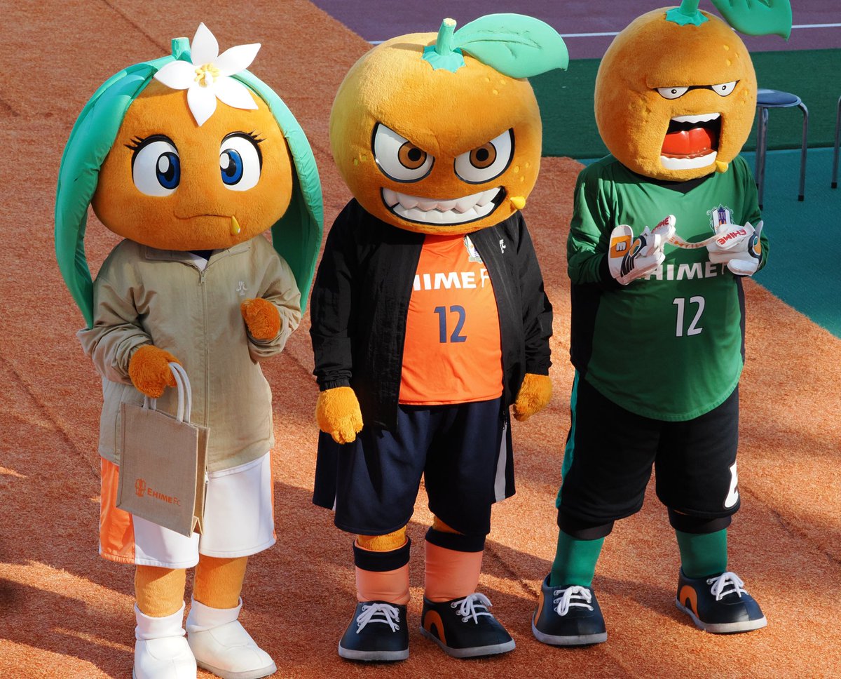 愛媛戦で新グッズのご紹介をしていた たま媛ちゃん、オ〜レくん、伊予