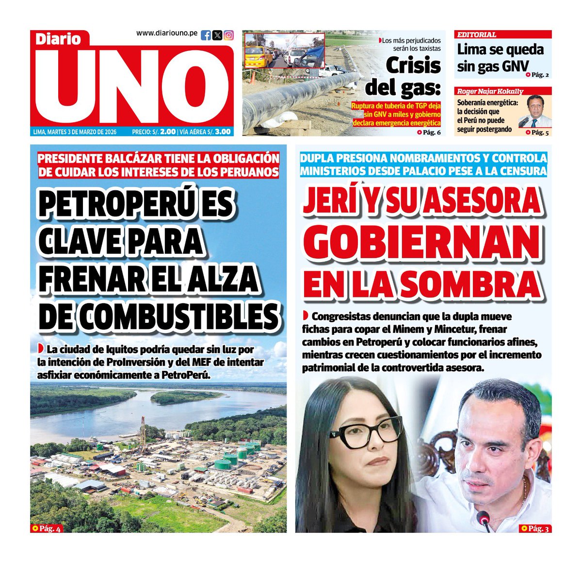 🗞️ Compartimos con ustedes la portada de Diario UNO del martes 03 de marzo de 2026