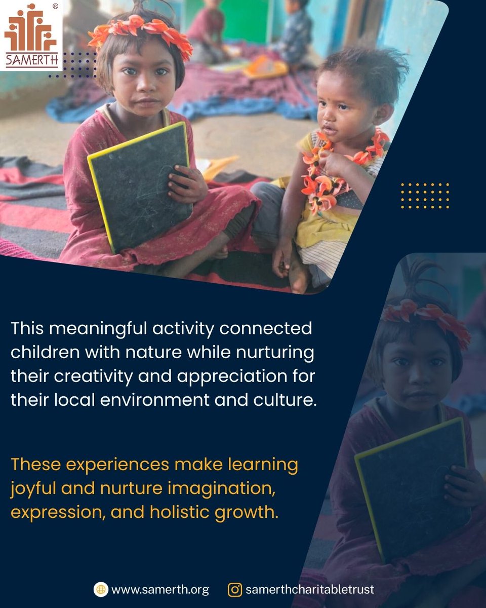 SamerthTrust's tweet image. When children’s creativity meets nature 🌿
At our ECCE Centres in Kabirdham, children collected fallen Palas (Flame of the Forest) flowers to create tiaras, decorations &amp;amp; shapes—turning spring into a joyful learning experience rooted in nature. 🌸
#ECCE #LearningThroughNature