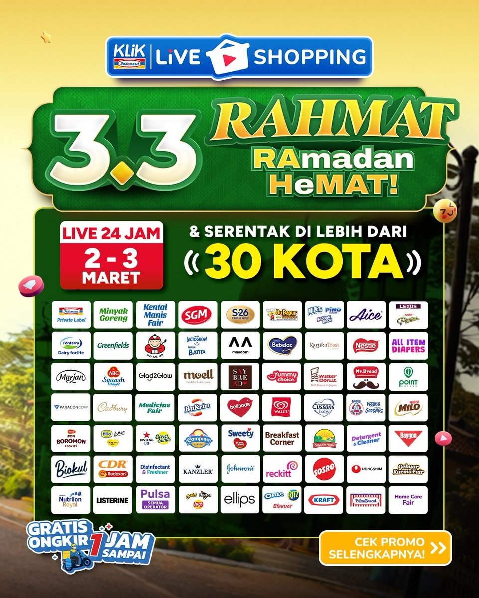 katalogpromosi's tweet image. Special Double Date 3.3 SALE di Klik Indomaret lagi rame banget 🛒 Diskon sampai 55% + Gratis Ongkir 1 Jam

Jadwal lengkap dan info produknya nya bisa kamu cek di sini 👉 katalogpromosi.com/promo-klik-ind…
#DoubleDate33 #KlikIndomaret #FlashSale