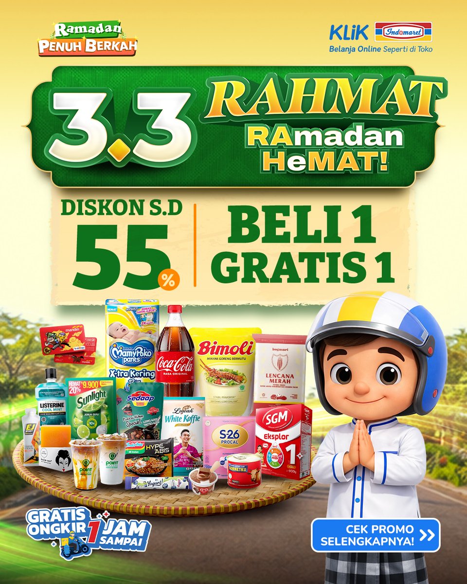 katalogpromosi's tweet image. Special Double Date 3.3 SALE di Klik Indomaret lagi rame banget 🛒 Diskon sampai 55% + Gratis Ongkir 1 Jam

Jadwal lengkap dan info produknya nya bisa kamu cek di sini 👉 katalogpromosi.com/promo-klik-ind…
#DoubleDate33 #KlikIndomaret #FlashSale