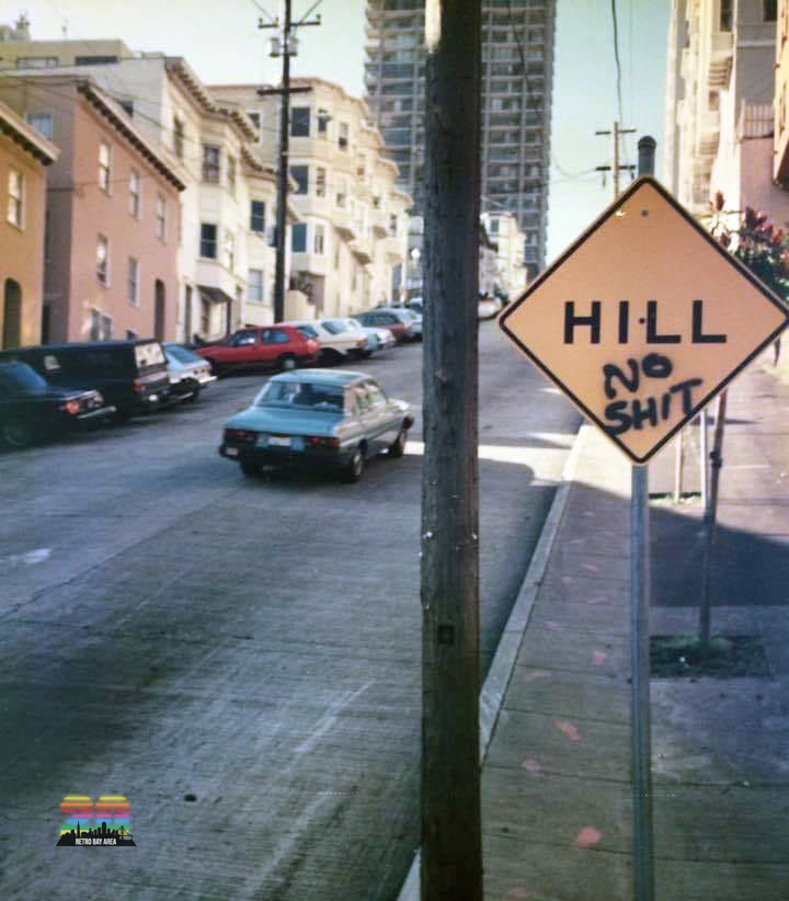 No Shit. San Francisco, late 1980s.

Shot at the intersection of Jones and Filbert, looking up the 2000 block of Jones Street.

When Steve interned at the City’s Traffic Engineering Department in the late 80s, this was one of his first assignments: investigate profanity on street