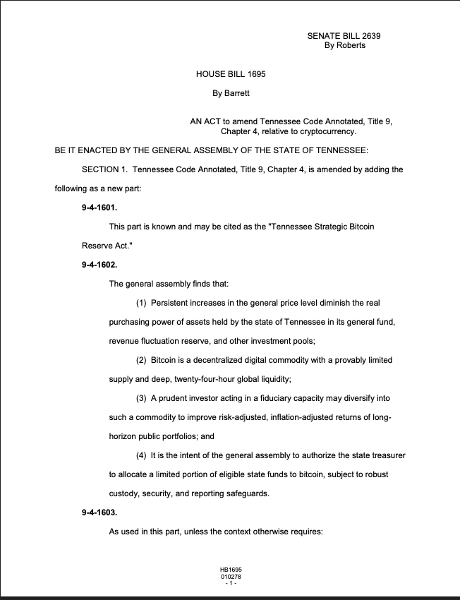 Cointelegraph's tweet photo. 🔥BULLISH: Tennessee's Strategic Bitcoin Reserve Act is recommended for passage and referred to the Finance, Ways, and Means Committee. 

If passed, the bill allows the state treasurer to allocate up to 10% of public funds into Bitcoin. https://t.co/7O8w85TeAn