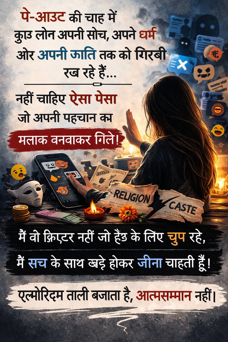 Poojakumar89308's tweet photo. पे आउट के लिए कुछ लोग अपनी विचारधारा तक को बदल रहे X पर 

जो लोग हमारी जाती हमारे धर्म और हमारे त्यौहारों का मजाक बना रहे हैं गाली दे रहे हैं और हम लोग उनकी पोस्ट रिपोस्ट कर रहे कमेंट में उनकी हा में हा मिला रहे हैं शर्म की बात है 

नहीं चाहिए ऐसा पैसा जहां अपने अस्तित्व को अपमानित करके मिले।

शुरू में, में भी लालच में आ गई थी मैने भी ऐसी पोस्ट पर रिप्लाई दिए हैं जो मुझे पसंद नहीं थी फिर भी उनको सपोर्ट किया।

सिर्फ ये सोच कर कि मेरी पोस्ट पर भी सपोर्ट मिलेगा तो कुछ पे आउट मेरा भी बनेगा।

मुझे नहीं चाहिए ऐसा सपोर्ट जो मेरे धर्म और जाती को मजाक बनवा कर मिलता हो। मेरी आत्मा से ज्यादा कीमती कुछ नहीं 

मुझे नहीं पता था X पर इतनी गंदी राजनीति है यहां इतनी विकृत मानसिकता के लोग भी रहते हैं इससे पहले में सभी को अपने जैसा समझती थी।

पर यहां तो इंसान को इंसान नहीं सिर्फ यूज़ की चीज समझते हैं।

में जिस स्कूल में पढ़ाती हु वहा मेरे स्टाफ में हिन्दू मुस्लिम,sc,st,जनरल, सभी तरह के टीचर हैं और सभी गुलमिल कर साथ रहते हैं 

 होली, दिवाली हर त्यौहार साथ मनाते हैं सभी एक साथ बैठ कर खाना खाते हैं हंसी मजाक करते हैं वहां मुझे आज तक नहीं लगा कि हम सब अलग अलग जाती धर्म से है 

शायद X मेरे जैसे क्रिएटर के लिए नहीं है मुझसे बर्दाश्त नहीं होता जब में खुद कोई ऐसी पोस्ट नहीं करती जो किसी जाती या धर्म को बुरा लग जाए 

पर जब में उनकी पोस्ट देखती हु तो बहुत दुख होता है। दिल करता है कि अपनी सारी भड़ास निकाल दूं