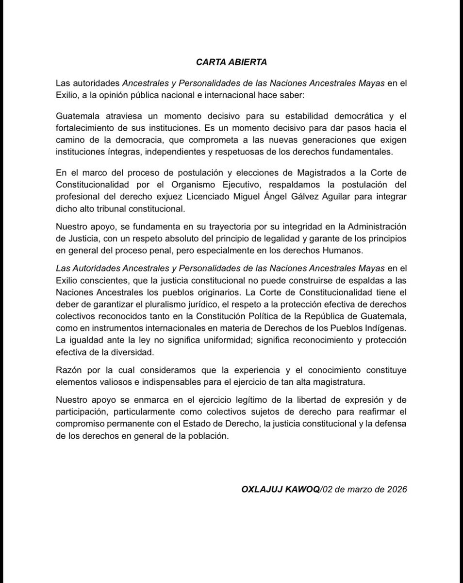 🇬🇹🤝Agradezco a las autoridades Ancestrales y Personalidades de las Naciones Ancestrales Mayas en el Exilio por este pronunciamiento. 

⚖️Compartimos la acción de digna resistencia y el compromiso con la recuperación de los sistemas de justicia en Guatemala.

¡Muchas gracias!