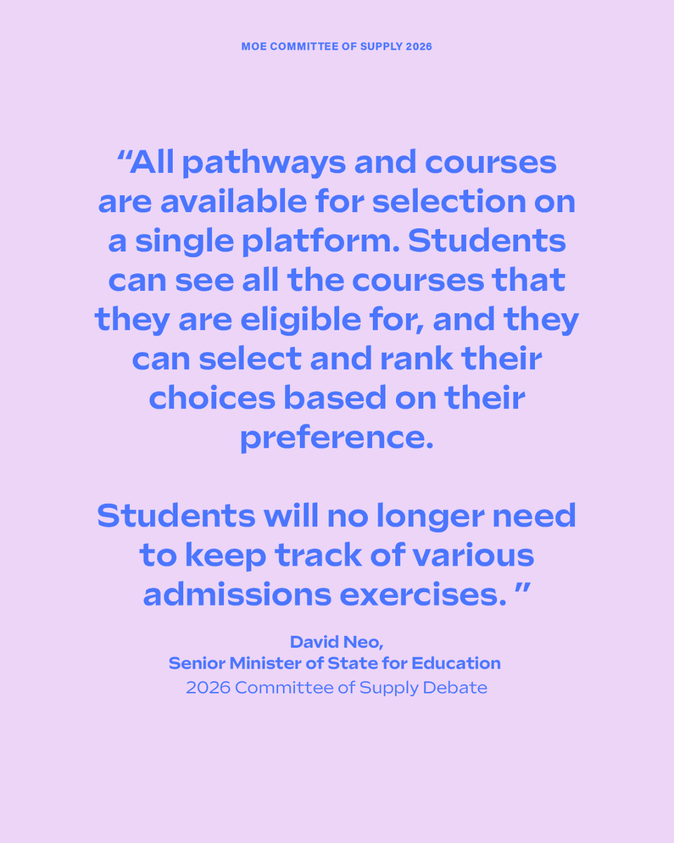 MOEsg's tweet photo. #MOECOS2026: Students will apply to post-secondary pathways through a single, streamlined admissions exercise from 2028. This will replace the current admissions exercises for admissions to Post-Sec Institutions. (1/2) #WeLearnForLifeTogether https://t.co/ntpcCgZSBg