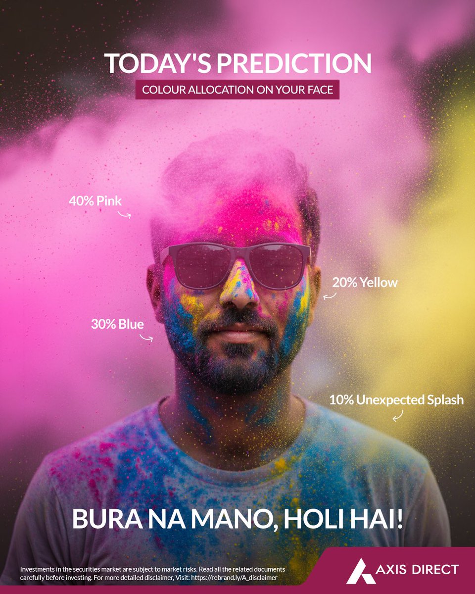 AxisDirect_In's tweet photo. May your festive "portfolio" be full of nothing but cheer.
Have a safe and colorful Holi from all of us at Axis Direct!
#AxisDirect #FestivalOfColors #Holi2026 https://t.co/U5bewVIpZR