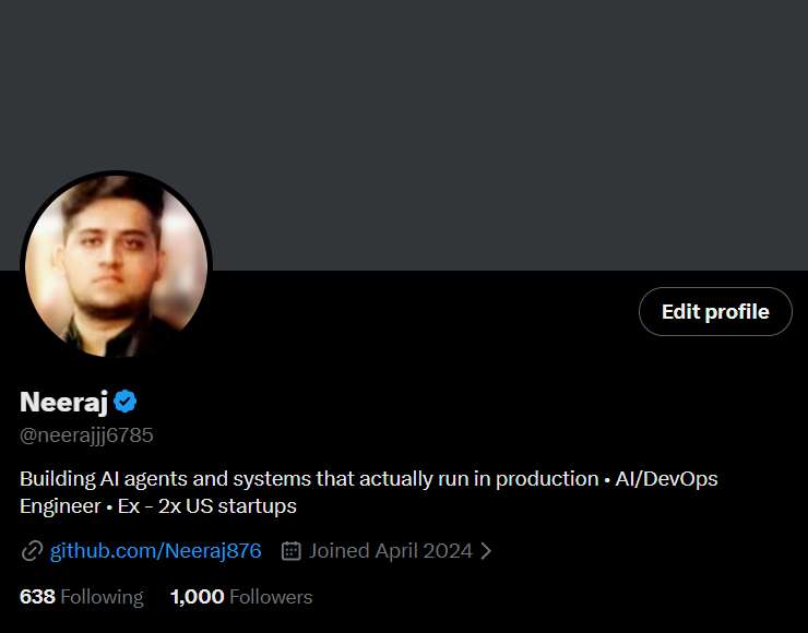 neerajjj6785's tweet image. I’m at 1,000 followers in 22 days. 

Still processing it.   

Hey @X algorithm, connect me with more AI, SaaS, and Startup builders and founders who show up daily.