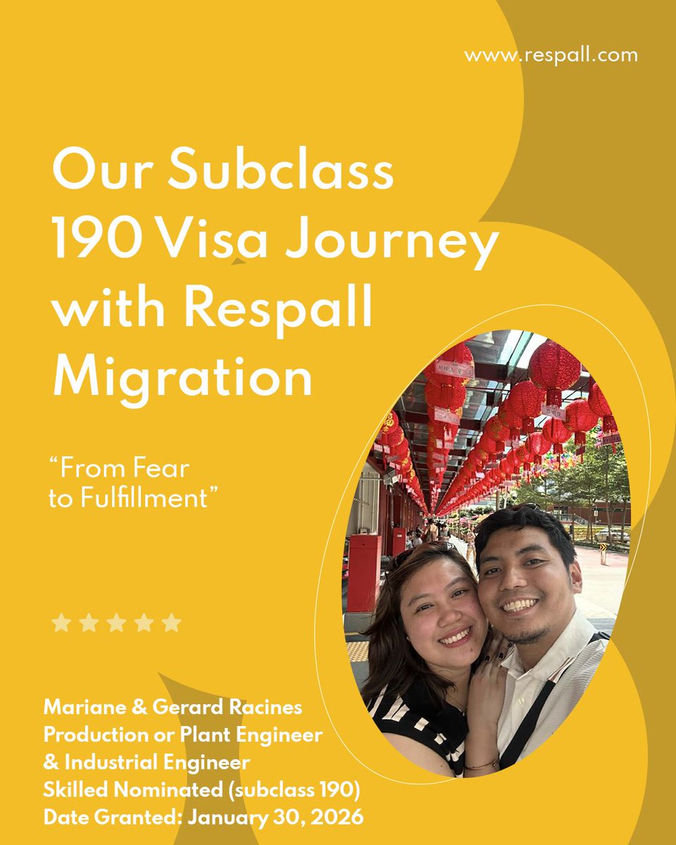 JoseRespall's tweet image. Success Story Alert!

Meet Mariane &amp;amp; Gerard Alrick Racines, a Skilled Nominated (subclass 190) #Visagrant!

"From Fear to Fulfillment: Our Subclass 190 Visa Journey with #RespallMigration"

Your success story could be next. Start today!

buff.ly/6EzCrXG

#VisaAustralia