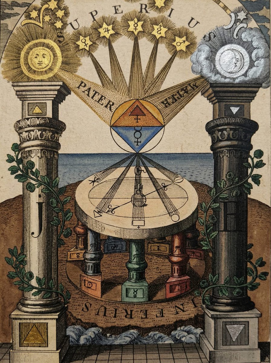 Cloudman176's tweet photo. The “Compass of the Wise” (1782) is a symbolic representation of ancient knowledge where philosophy, alchemy, and inner-search come together in a single teaching: the superior and the inferior are connected.

The J and B columns, associated with Strength and Stability, remember the balance required to sustain the inner temple of the human being. Above them appear the Sun and the Moon, eternal symbols of duality: reason and intuition, light and shadow, active and passive.

At the top, the Latin word “Superius” means what is above, the spiritual plane; while “Inferius”, at the base, represents what is below, the material world. The words Pater (Father) and Mater (Mother) refer to the complementary creative forces of nature..

More than an image, this recording is an invitation to contemplate: studying symbols is beginning to understand that true knowledge is built step by step, balancing light and consciousness.