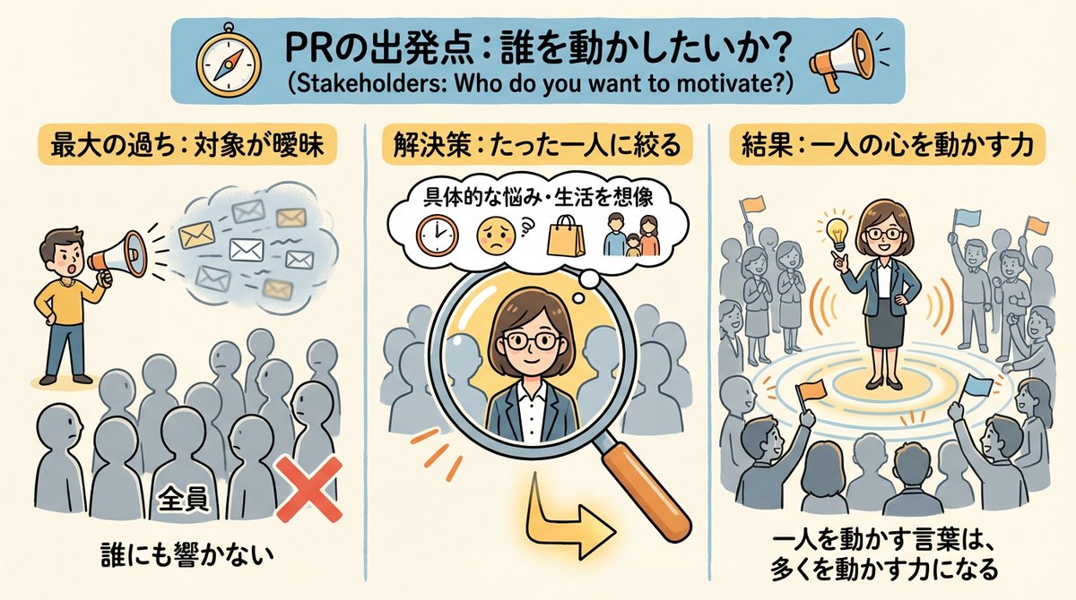 Frontier_C's tweet photo. PR最大の失敗は「誰に」がボヤけること。
全員にいい顔をしても誰にも刺さりません。まずは「誰を動かせば経営課題が解決するか」を1人に絞り込み、その人の日常まで想像しましょう。たった1人を動かす強い言葉こそが、結果として大勢を動かす力になります。戦略相談はプロフから✨
#広報　#経営課題 https://t.co/sqla0X8Fmu