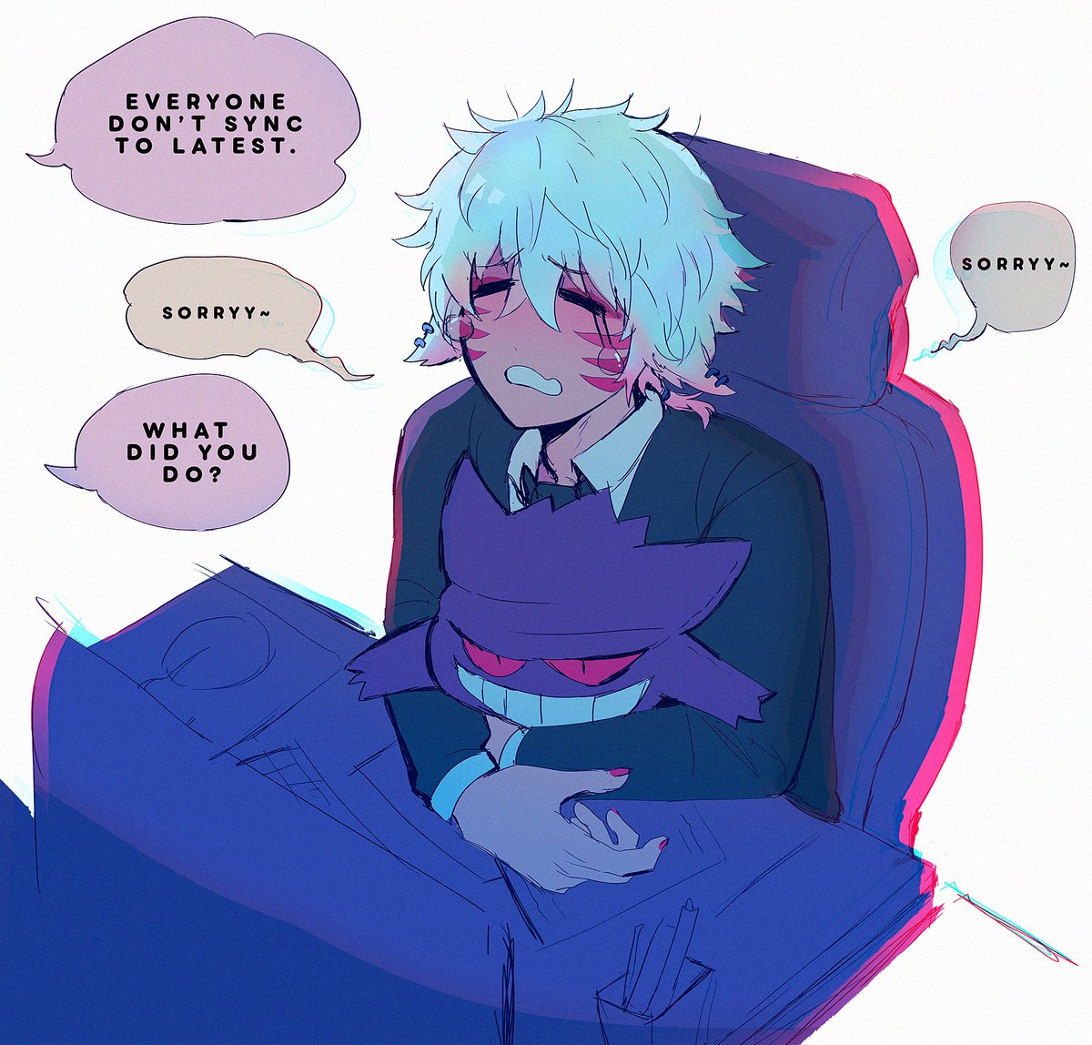 rabbit_masks's tweet photo. Holding my emotional support Gengar while getting scolded
(I broke a Dream Bubble at work) #MasksDraws https://t.co/3FebAL9ood