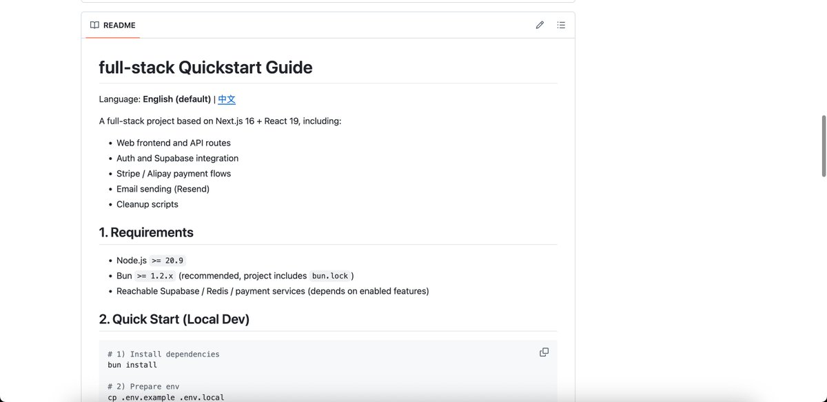 github.com/xuya227939/ful…

开源了，我课程的全栈开发框架，一个基于 Next.js 16 + React 19 的全栈项目，包含：

- Web 前端与 API 路由
- 用户认证与 Supabase 数据访问
- Stripe / 支付宝支付链路
- 邮件发送（Resend）
- 任务清理脚本
-  Supabase、r2 存储、Redis 等支持
- SEO 优化
- 博客内容
-