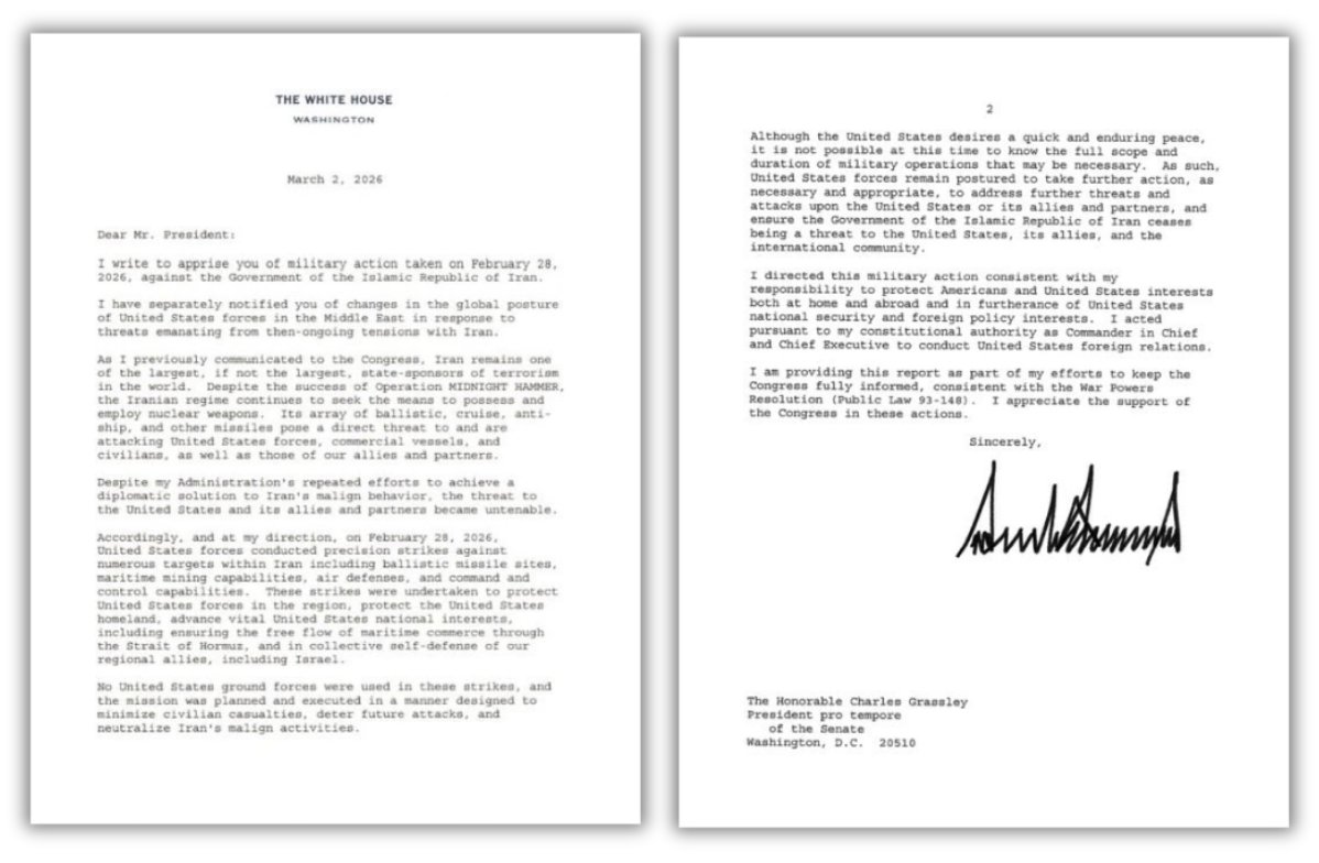 WAR POWERS: President Trump has transmitted his official notice of military intervention in Iran. Just as his predecessors have, Trump is complying with the War Powers Resolution's 48 hour deadline without acknowledging that he is bound by the legislation.