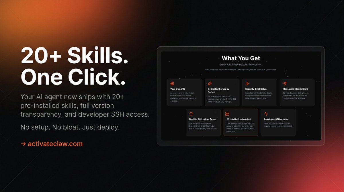 ActivateClaw's tweet photo. 🚀 ActivateClaw just got a major upgrade

✅ 20+ skills pre-installed out of the box 
✅ Full version transparency — see exactly what's running on your server 
✅ Developer SSH access for total control

Your own AI agent. Your own server. No bloat, no lock-in.

https://t.co/7QDwUp00UM