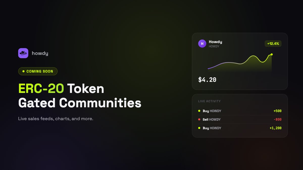 HowdyDotChat's tweet photo. Howdy is adding ERC20 token support.

Your token community is about to get the same real-time activity channels that NFT communities already have. Buys, sells, all streaming live.

Here's what's coming: https://t.co/ArUM7EsXZC