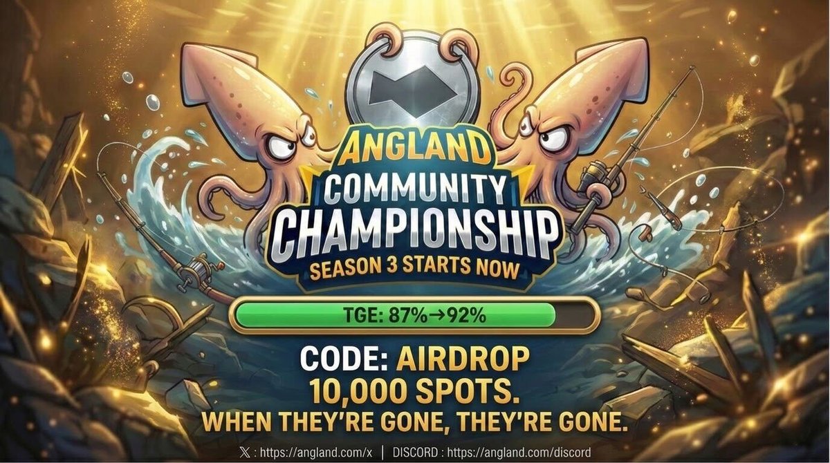 Angland_x's tweet photo. 🏆 Championship Season 3 starts NOW TGE: 87%→92%. The window is closing.
Exclusive Invitation Code — 10,000 spots FCFS 

enter code【AIRDROP】

Bring your crew. Build your community. Compete. The best leaders will be rewarded.
P2E - PatienceToExcite

———
How to Start:
Download the app and enter your code to dive into the world of Angland.
iOS: https://t.co/FZFtHiwSHQ
Android: https://t.co/T30aqbrVWt

1-star CAPSULE will be delivered to your wallet after creation. 
It takes a few minutes

Import the Capsule from your Wallet to Spending, then Reveal it to get your 1-star Tackle and start fishing,

Capsules will only be granted to wallet addresses that have never been used in the game before.
In other words, capsules cannot be issued to addresses that are already connected.
No inquiries will be accepted for this surprise campaign.
@Angland_x #Angland #FISH #Base