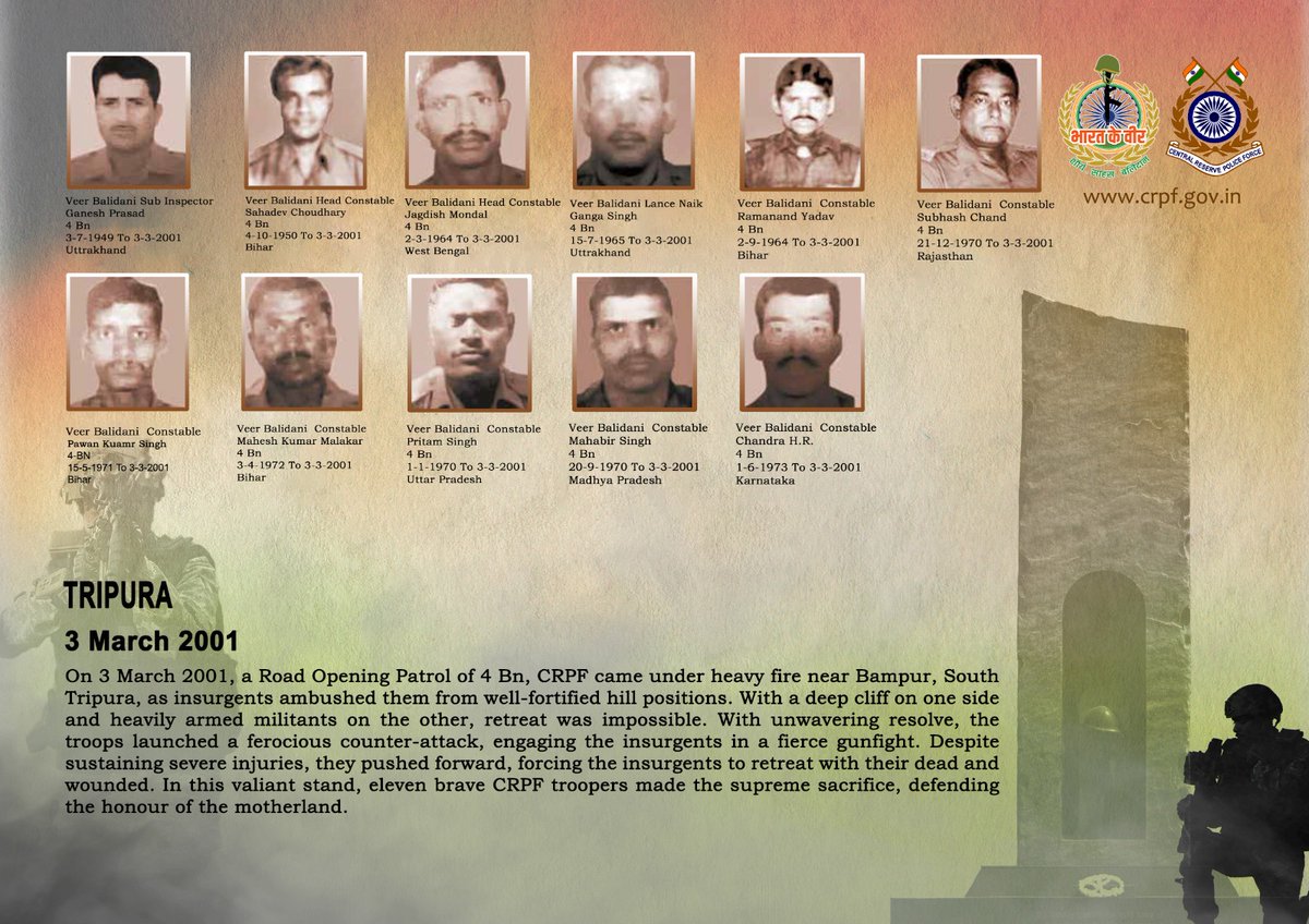 DG and all Ranks of #CRPF pay solemn tribute to eleven valiant troopers of 4 Bn, who made the supreme sacrifice in a fierce gunfight with insurgents on 3 March 2001 in Tripura. #CRPF salutes the bravehearts and pledges never to let their sacrifice go in vain.

#LestWeForget