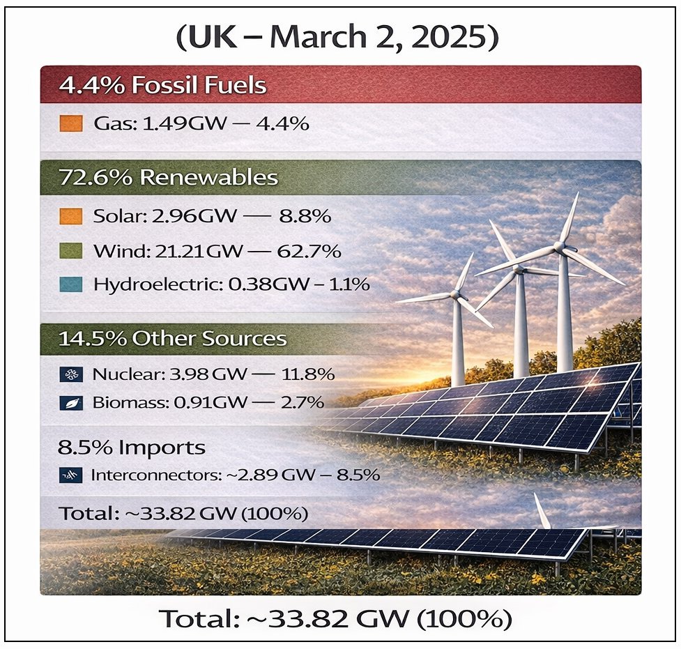 UK grid didn’t collapse. Early March. Solar pushing ~3GW — double gas. Wind doing the heavy lift.

This is a country that once leaned heavily on fossil fuels. Now 0% coal.

70%+ renewables isn’t theory. It’s transition in motion. Wait till summer + storage scale. #Bettrification