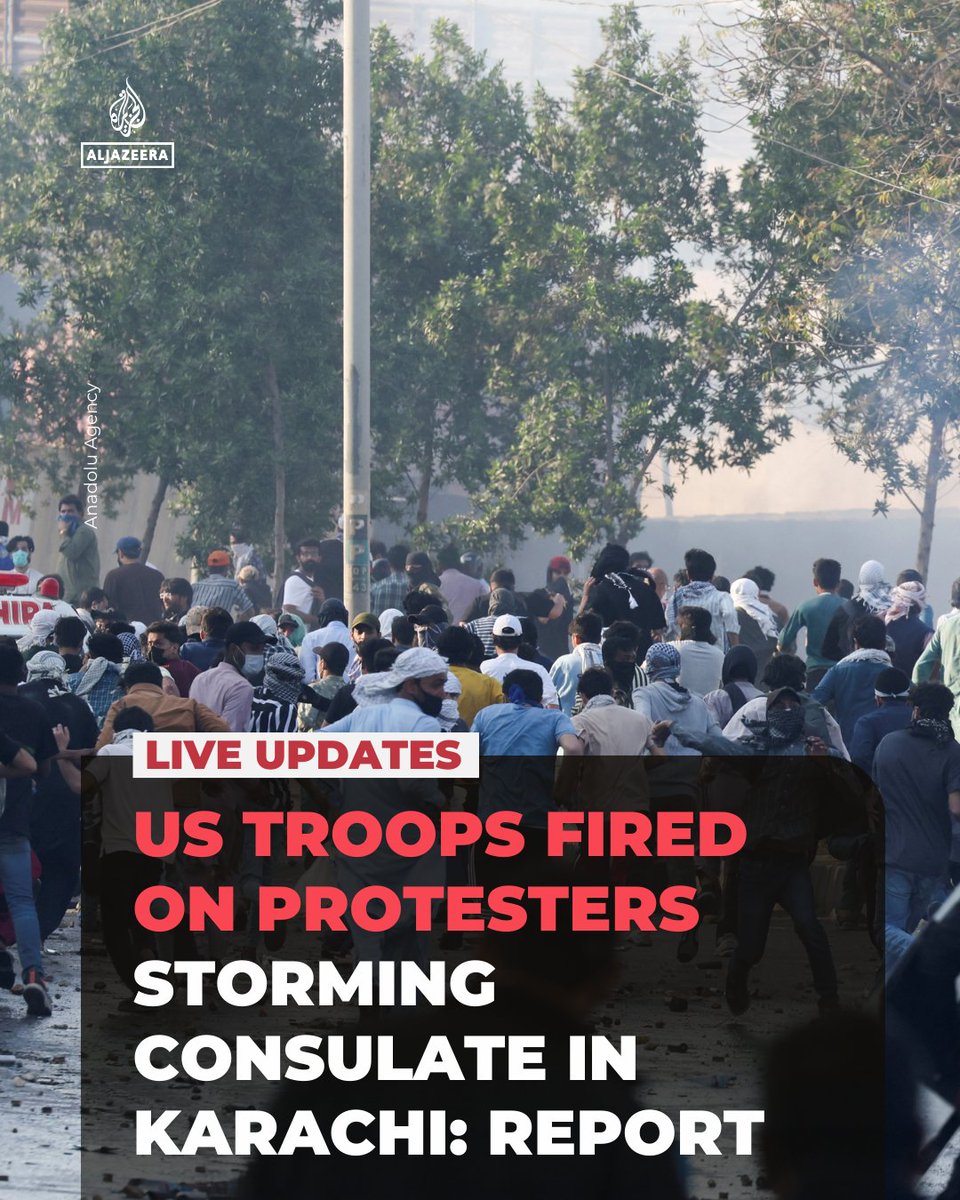 Reports say US Marines opened fire as Pakistani protesters stormed the US consulate in Karachi in protest of Khamenei's killing, with at least 10 people killed, though it’s unclear if any were hit, according to Reuters.  

🔴 LIVE updates: aje.news/4k3nib