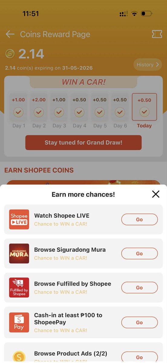 Chhaannn_'s tweet photo. @ShopeePH Daily checkin and kuha lahat ng chances.. Waiting for the Grand Draw later! 
Mine ko na yan @ShopeePH
#ShopeeMegaCarPanalo 
#ShopeePH33315
#CheckShopeeFirst https://t.co/k26KImz3v7