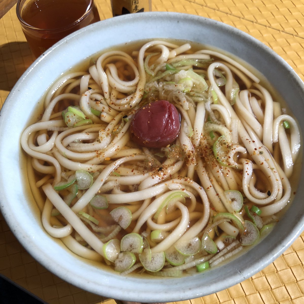 silverback_y's tweet photo. 雨模様で肌寒い日は、さっぱりとかけうどん。梅干しのせて。 https://t.co/7JPUdD4qYT