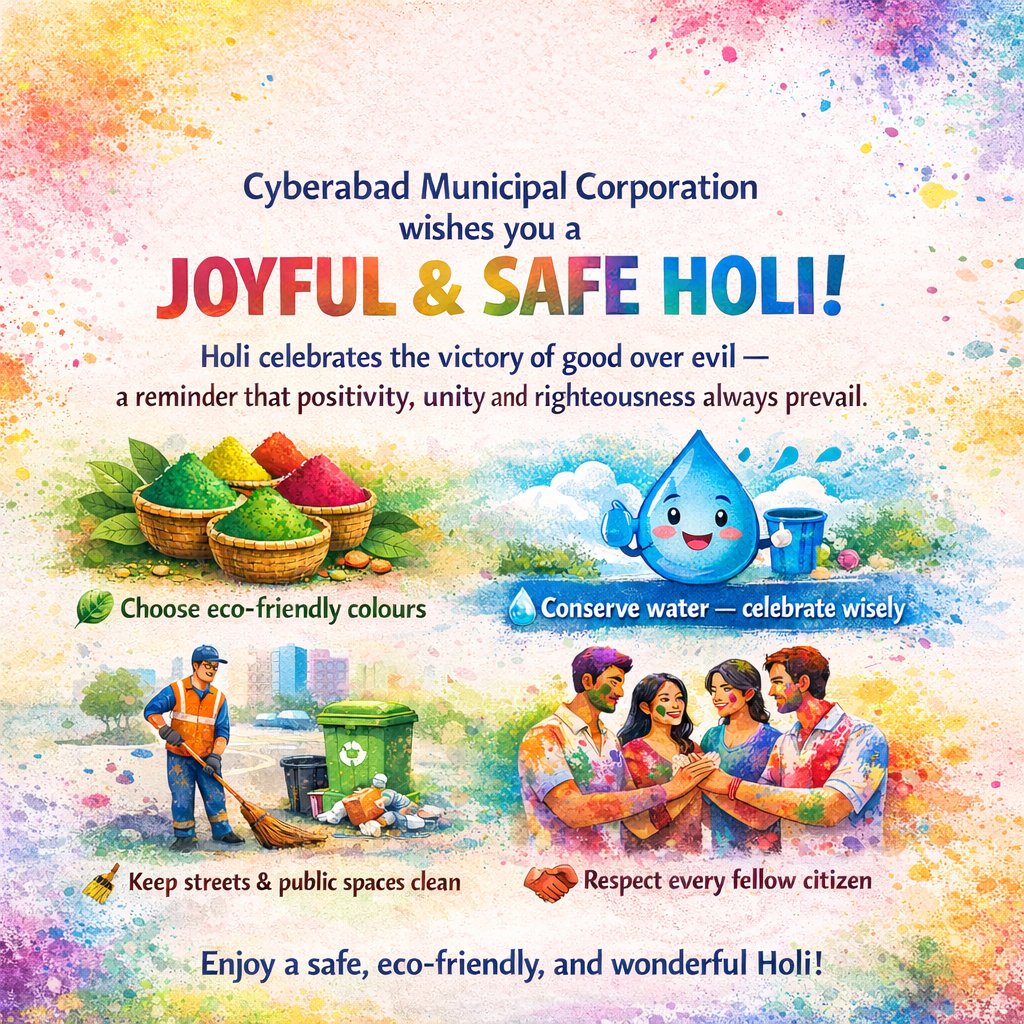 Celebrate Holi with joy and colors that brighten every smile. 🌈
— Cyberabad Municipal Corporation.

<a href="/jayesh_ranjan/">Jayesh Ranjan</a> <a href="/TelanganaCS/">Office of Chief Secretary, Telangana Govt.</a> <a href="/TelanganaCMO/">Telangana CMO</a> <a href="/IPRTelangana/">IPRDepartment</a> <a href="/MC_Cyberabad/">Commissioner, Cyberabad Municipal Corporation</a> <a href="/GHMCOnline/">GHMC</a> <a href="/GummallaSrijana/">Srijana Gummalla</a>

#Cyberabad #CyberabadMunicipalCorporation #HappyHoli #FestivalOfColors