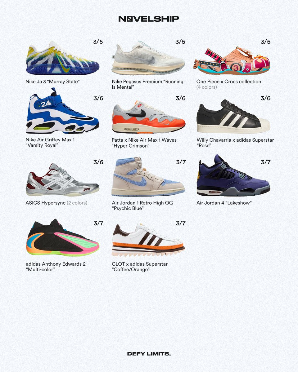 Novelship's tweet photo. Sneaker Release Calendar for This Week🗓️（3.2-3.8)😎

Use the link in our bio to get your dream sneakers!!!🔥🔥

 https://t.co/BycnIqjisv

#sneakers #sneakerhead #newrelease #shoes #sneakercollection #sport #fyp #basketball #nba #aj #ajstyles #nike #adidas #sneaker https://t.co/bDCN25tU86