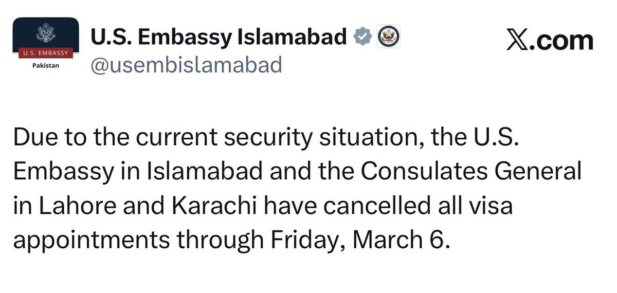 MrAAK360's tweet photo. The U.S. Embassy in Islamabad and all its consulates have cancelled all visa appointments until March 6. https://t.co/lcT1xUkZl1